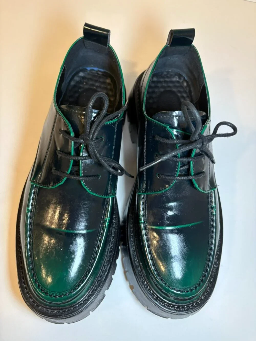 Vintage Green Black Patent Platform Derby Oxford Lug Sole Shoes EU 38 7 7.5